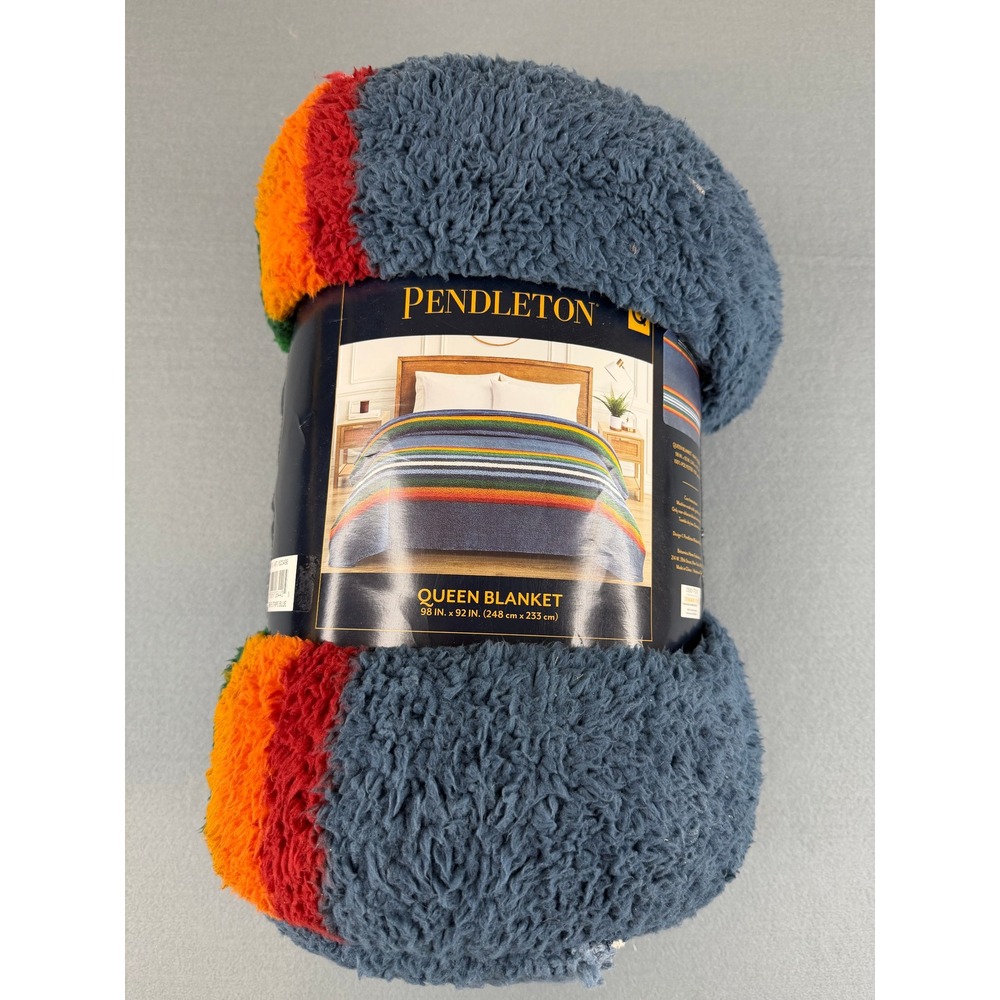 Pendleton Queen Blanket Unisex Queen Blue Multicolor Stripe Sherpa Fleece New